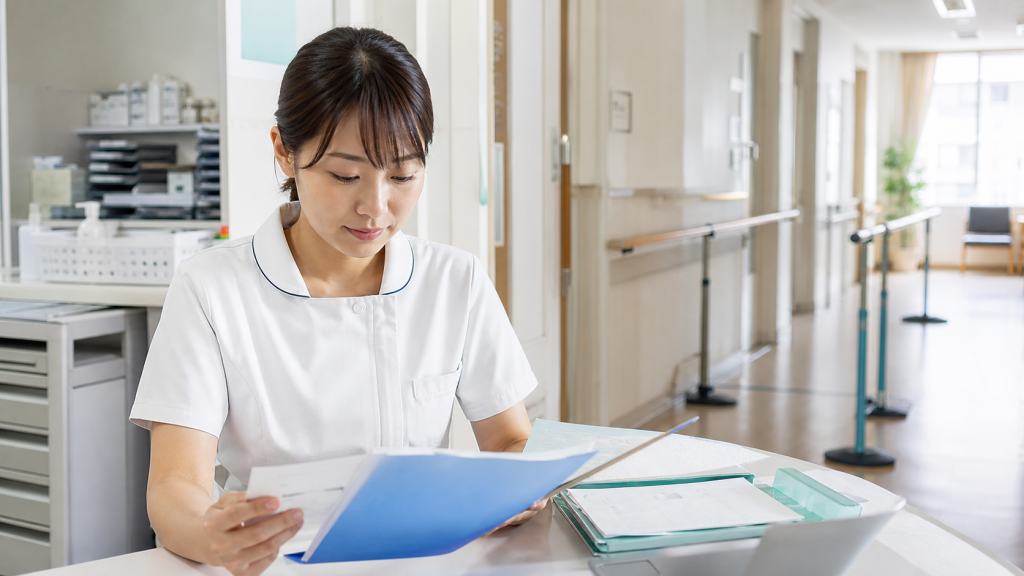 地域包括ケア病棟で退院支援の資料を確認する看護師