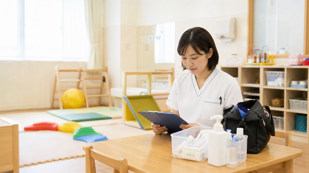 児童発達支援施設で医療的ケアの記録を確認する看護師