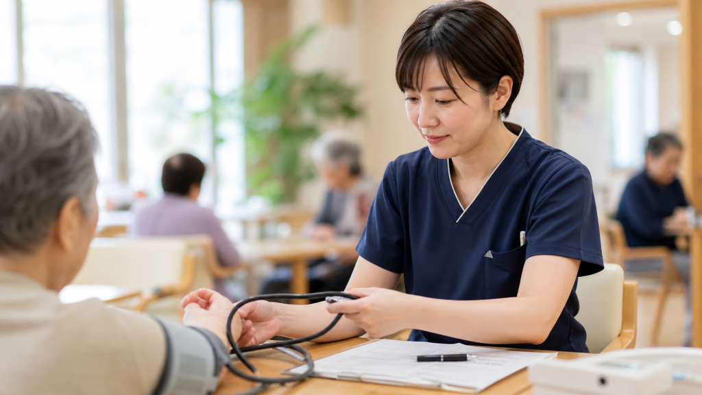 デイサービスで利用者の健康確認を行う看護師