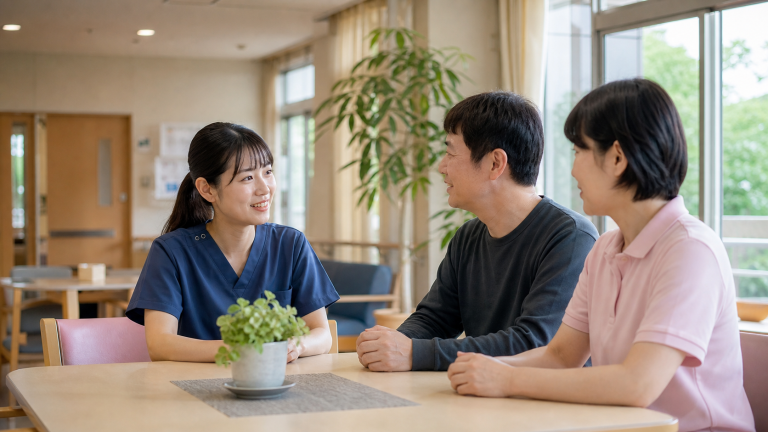 障害者支援施設の共有スペースで利用者と相談する看護師