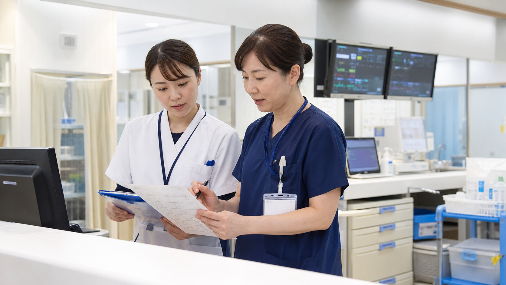 救急外来のナースステーションで申し送り資料を確認する看護師