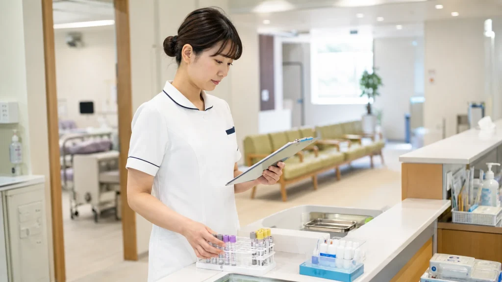 採血室の準備カウンターで検体ラックと予定表を確認する看護師