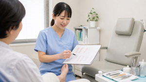 フットケア外来看護師求人の説明資料を確認するクリニック看護師