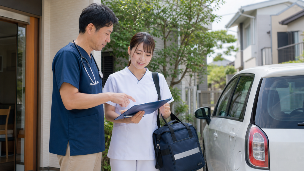 在宅診療クリニックの訪問予定を確認する看護師と医師