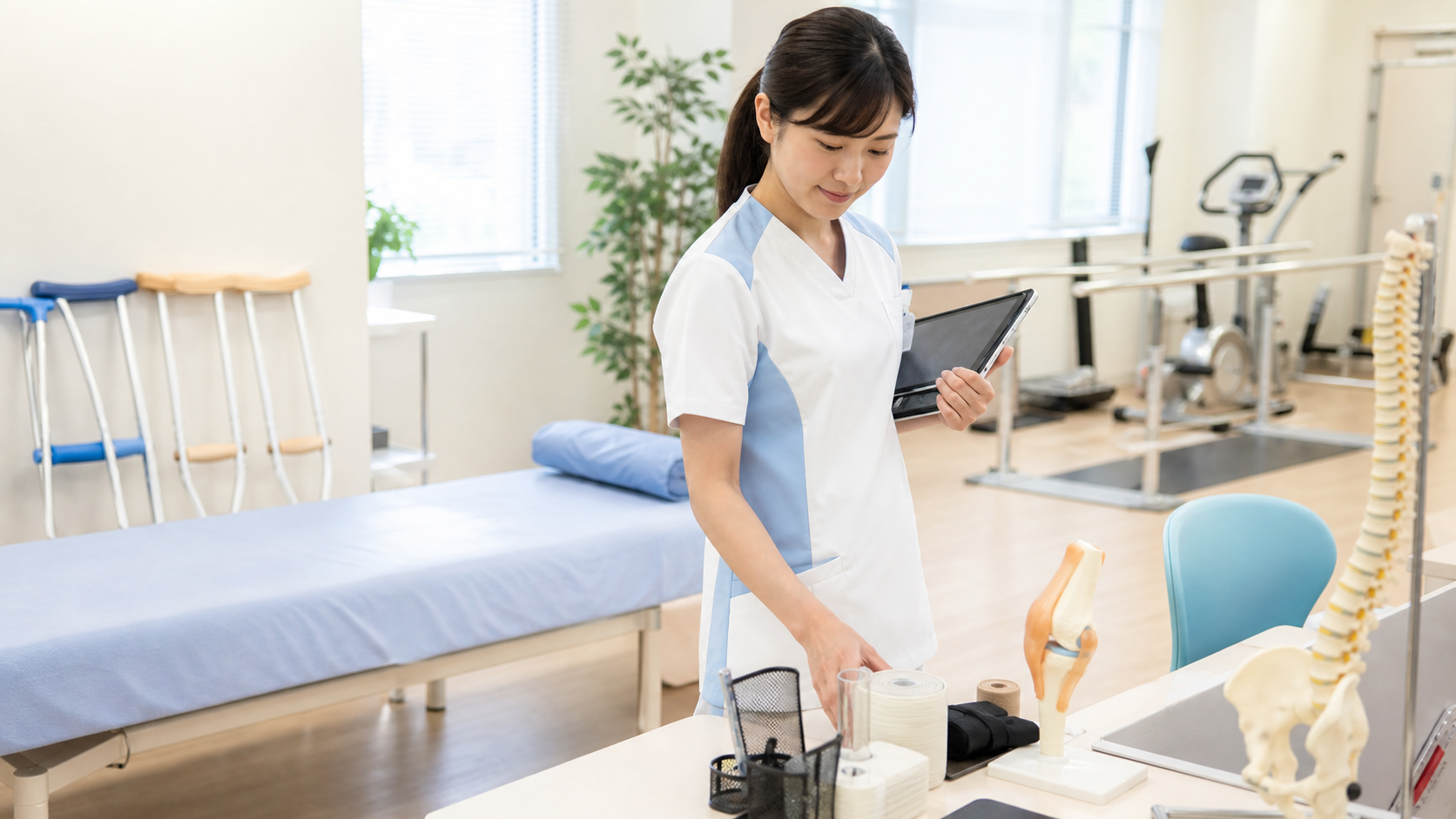 整形外科クリニックのリハビリ室で準備をする看護師