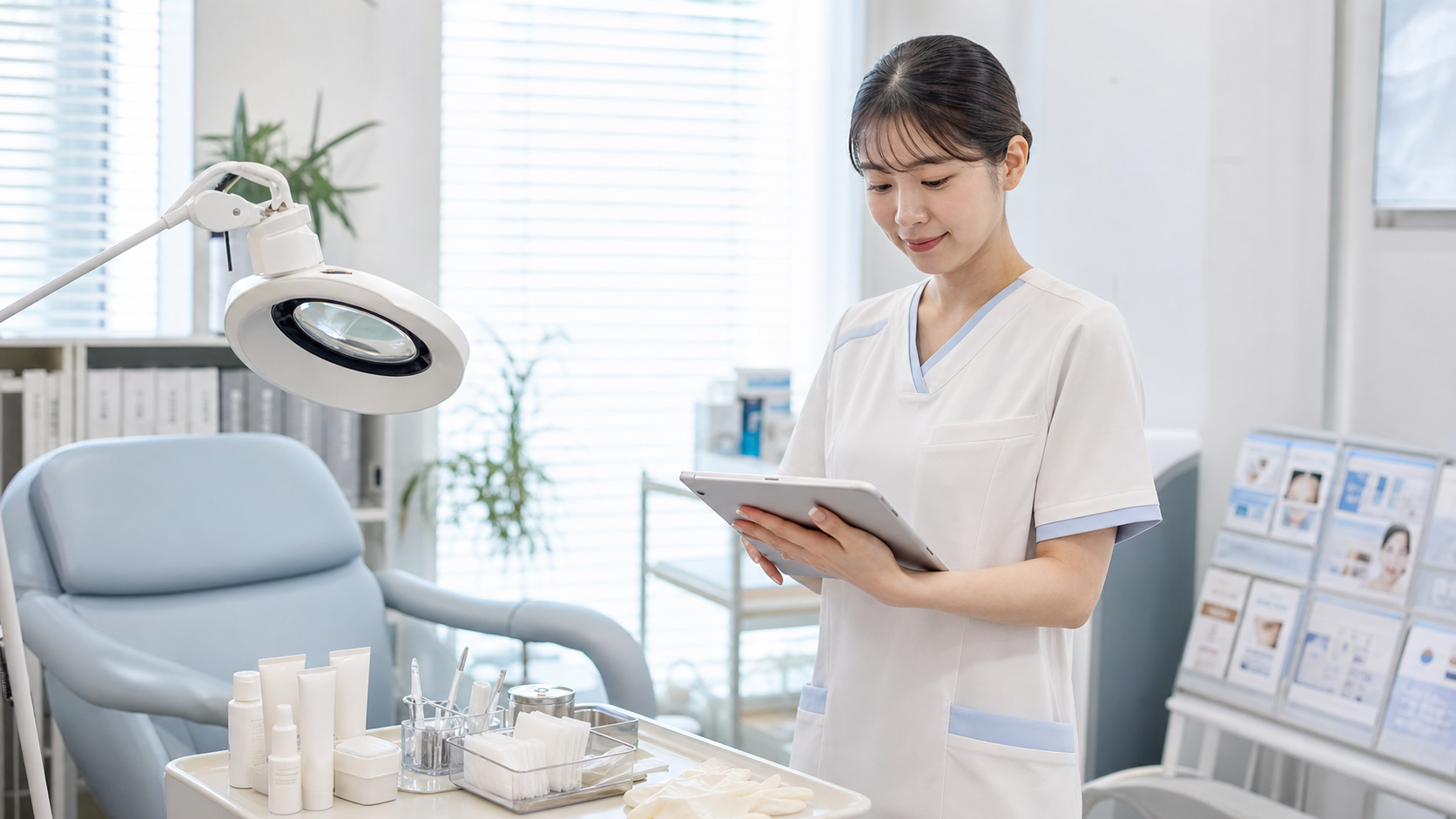 皮膚科クリニックの処置室で準備をする看護師