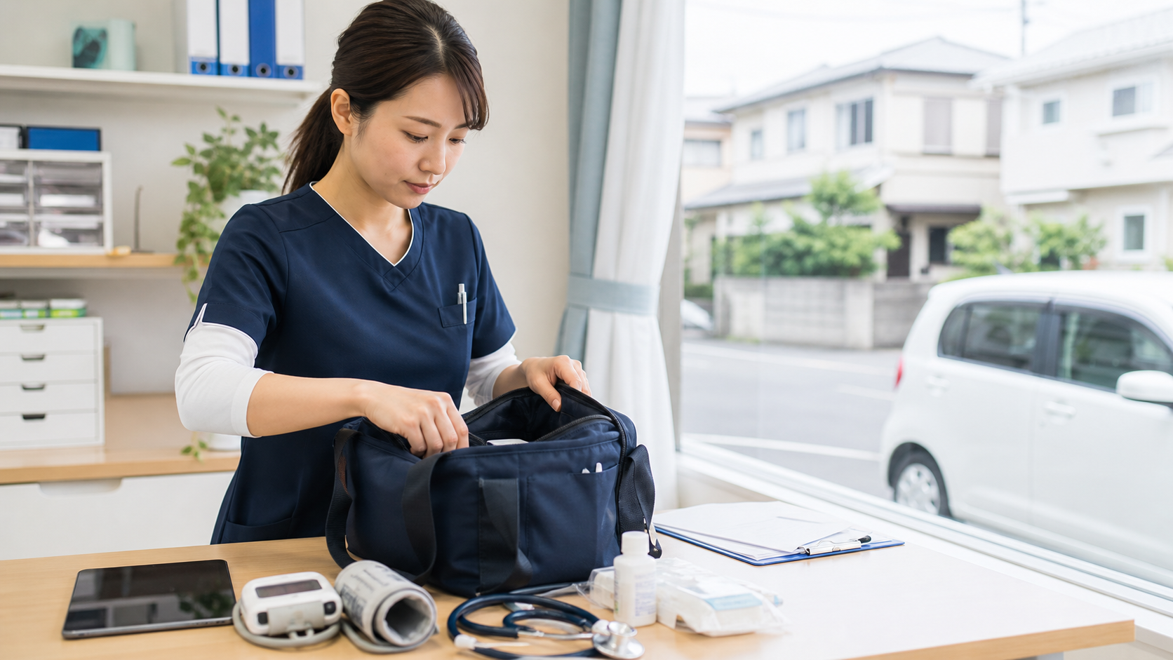訪問診療クリニックの訪問バッグを準備する看護師