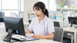 医療相談のコールセンターでヘッドセットを付けて対応する看護師