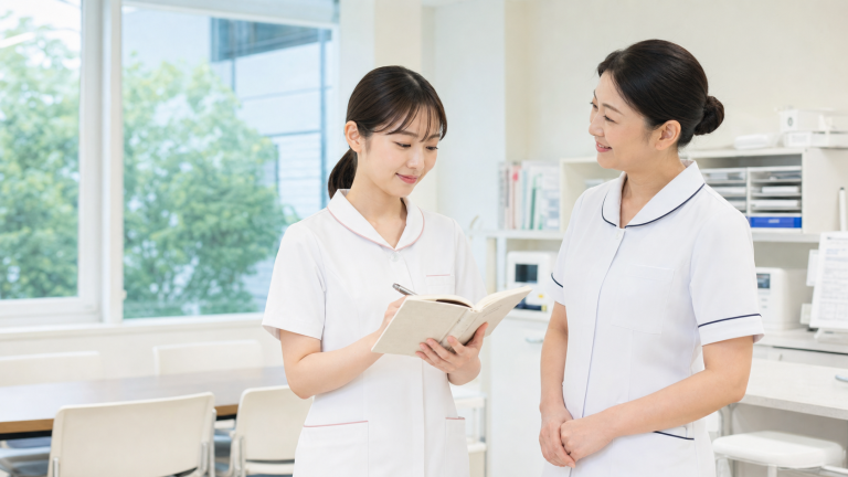 復職初日に研修室で先輩看護師と手順を確認する看護師