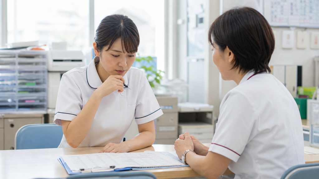 退職を引き止められた看護師が面談で書類を確認する様子
