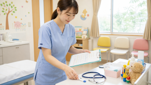 小児科クリニックの診察室で準備をする看護師