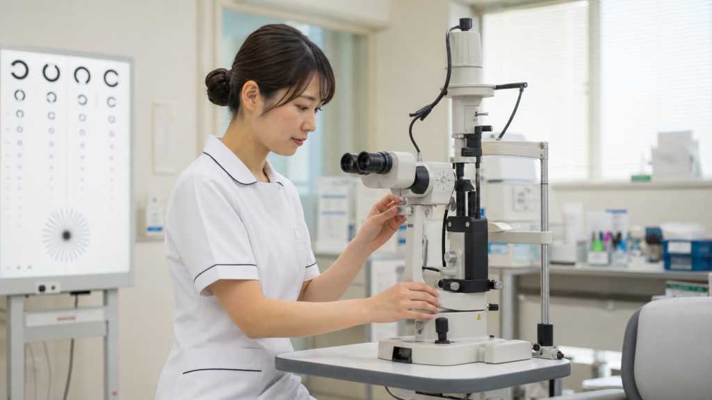 眼科クリニックで検査機器を準備する看護師の様子