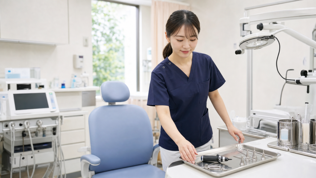 耳鼻咽喉科クリニックの診察室で器具を準備する看護師