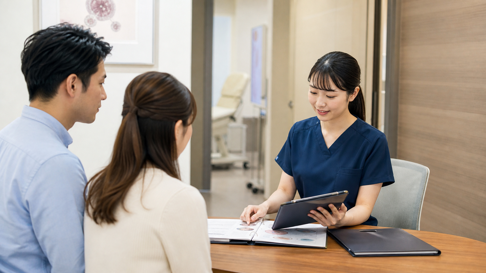 不妊治療クリニックで看護師が患者に説明している様子