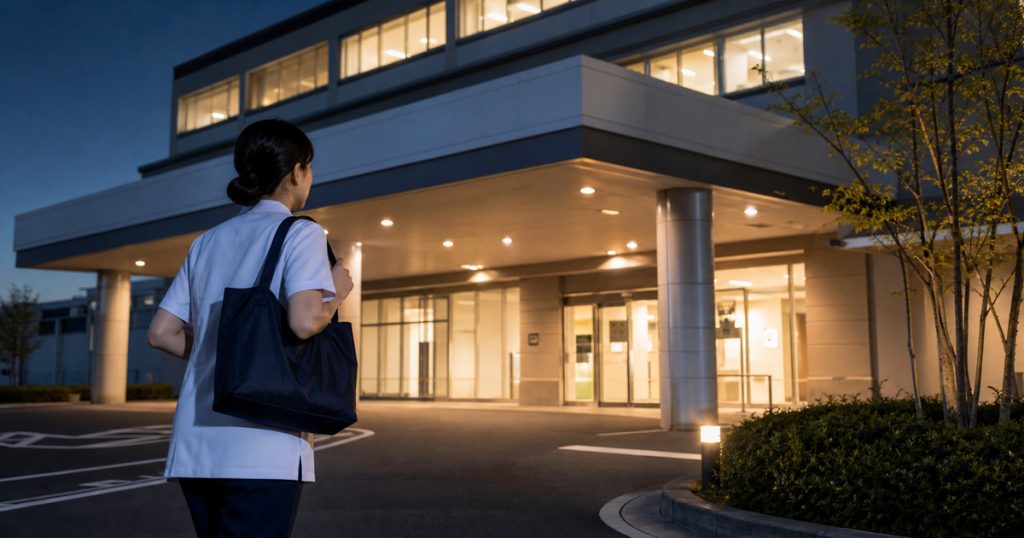 夜勤専従看護師が夜の病院へ出勤するイメージ