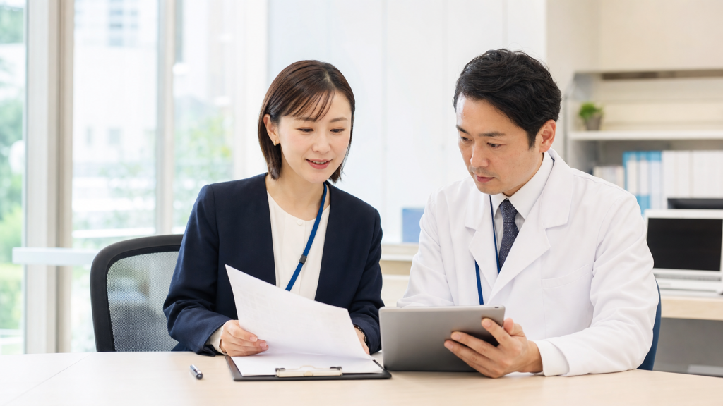 病院の研究調整室で治験資料を確認する看護師のイメージ
