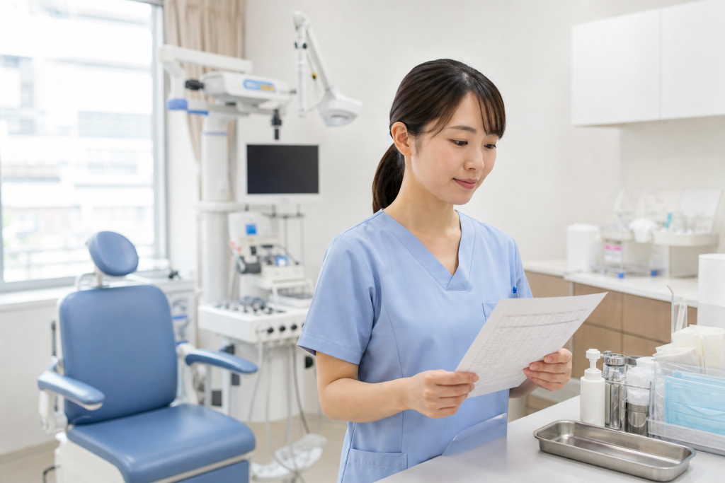 耳鼻咽喉科クリニックの処置室で勤務表を確認する看護師