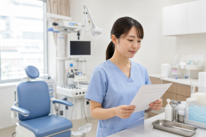耳鼻咽喉科クリニックの処置室で勤務表を確認する看護師
