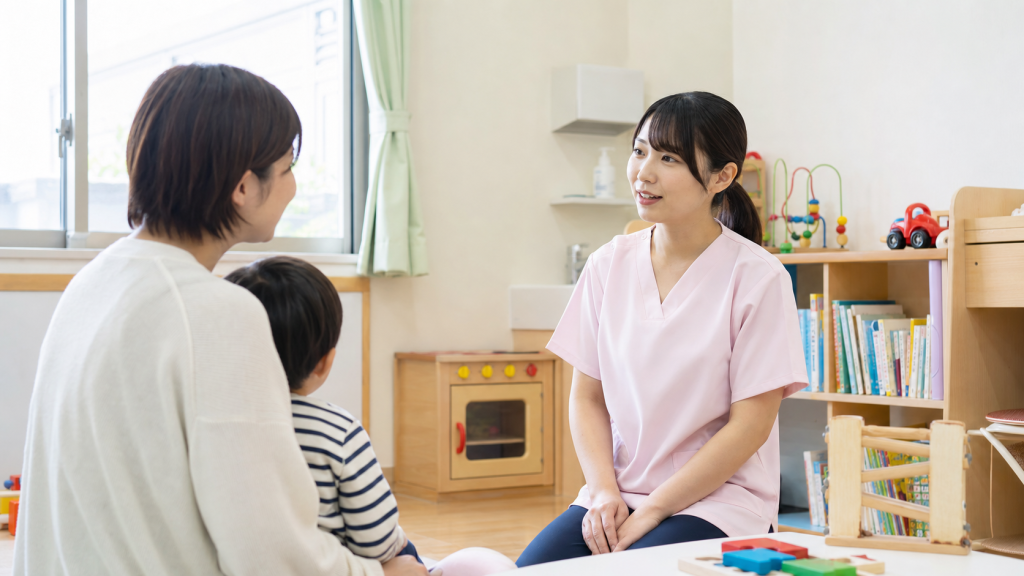 病児保育室で保護者に説明する看護師