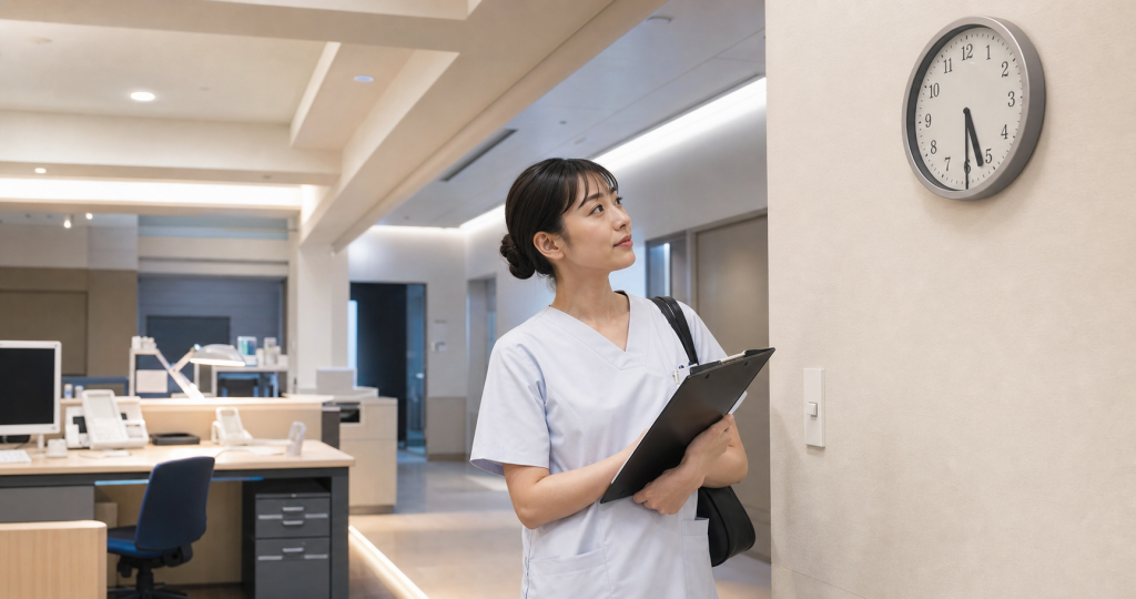 定時前のナースステーションで時計を確認する看護師