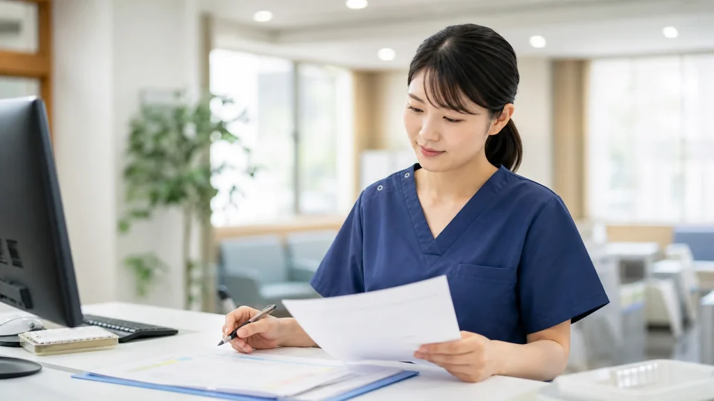 職員健診の求人条件を確認する看護師