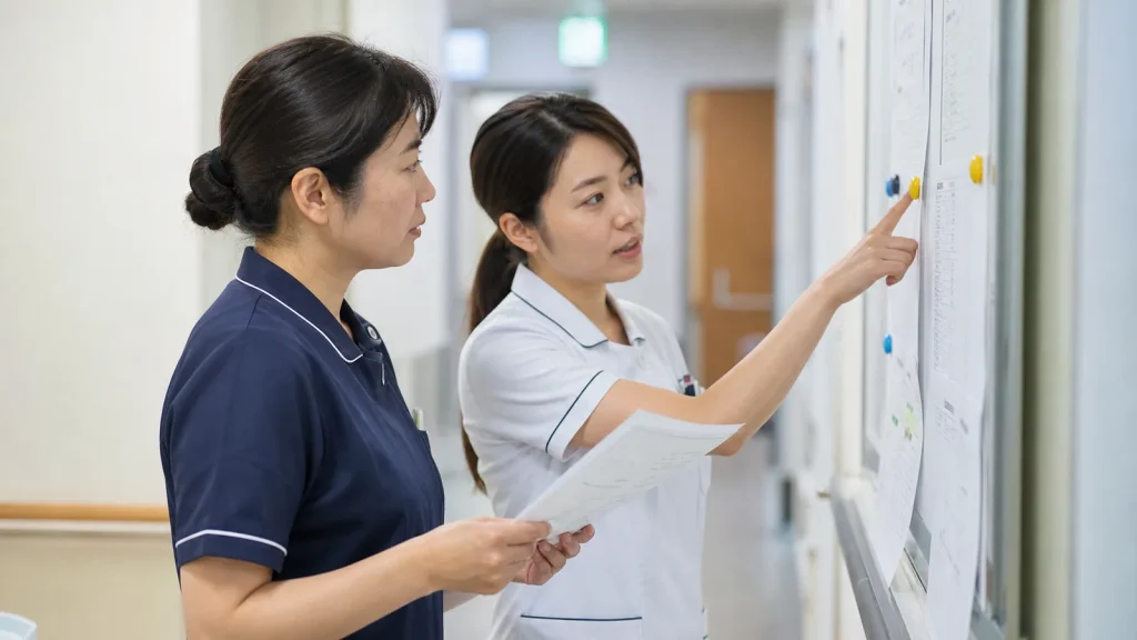 部署掲示板を見ながら異動や配置転換について確認する看護師