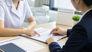 昇給制度と給与条件を相談する看護師の手元