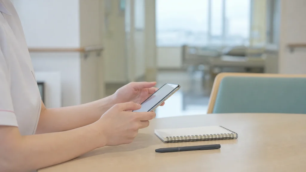 職場見学後にスマートフォンでお礼メールを確認する看護師の手元