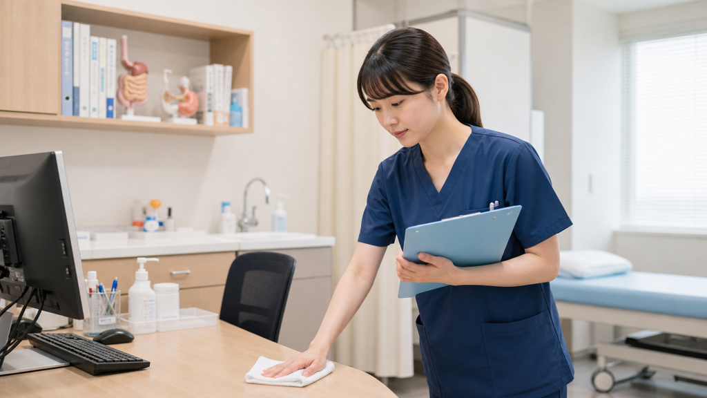 消化器内科クリニックの診察室を準備する看護師