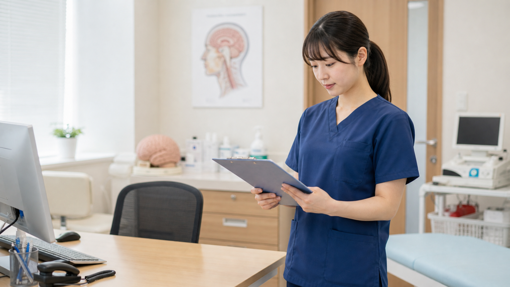 脳神経外科クリニックの外来でカルテを確認する看護師