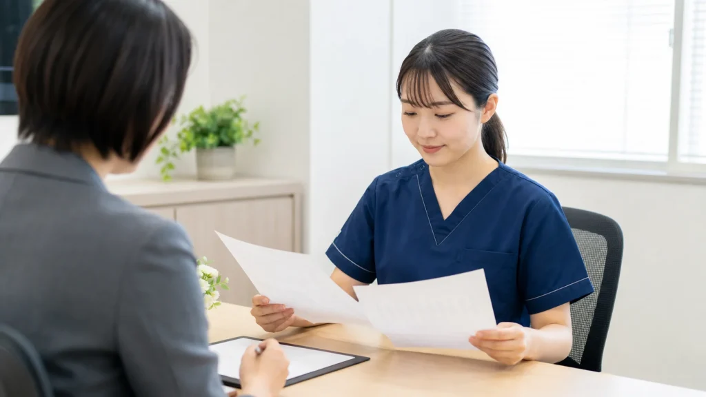 賞与あり看護師求人の条件を確認する看護師と相談員