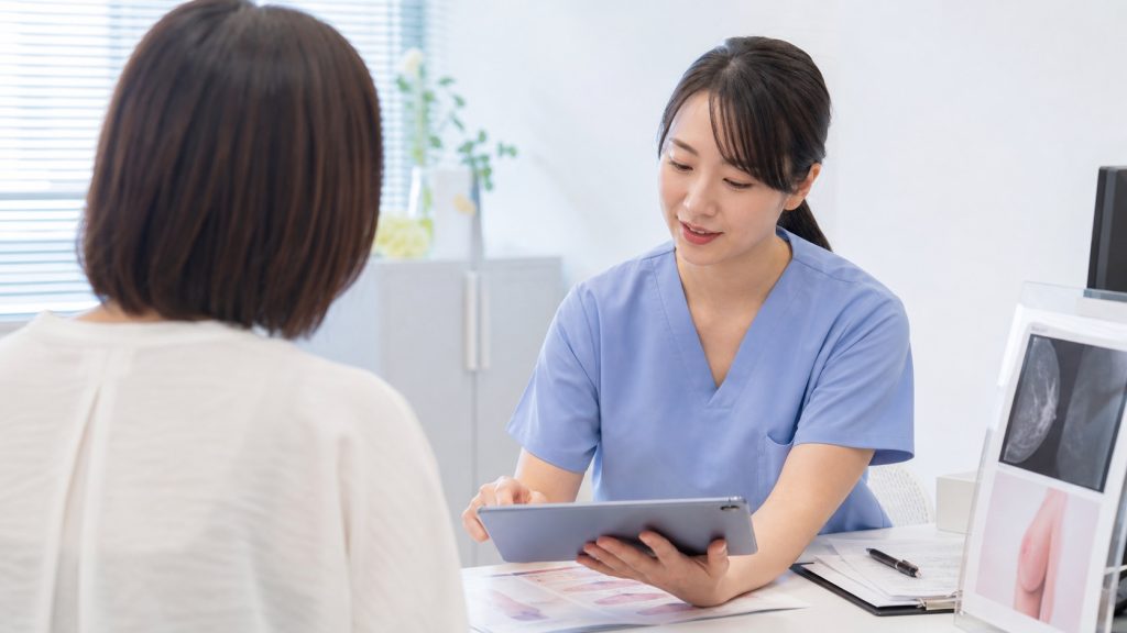 乳腺外科クリニックで資料を確認する看護師