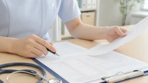 求人票と労働条件通知書を確認する看護師の手元