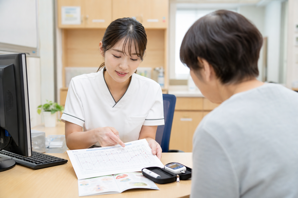 糖尿病内科クリニックで血糖記録を見ながら患者に説明する看護師