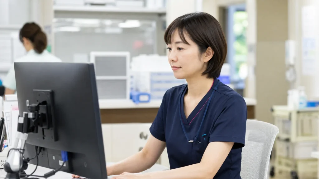 電子カルテを確認するクリニック勤務の看護師
