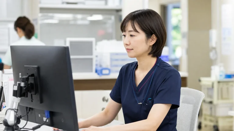 電子カルテを確認するクリニック勤務の看護師