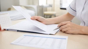 固定残業代ありの看護師求人票と給与書類を確認する手元