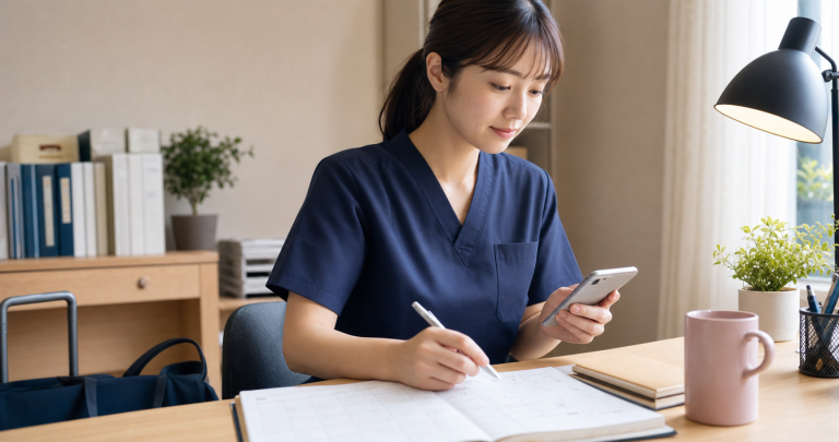 面接日程をカレンダーとスマートフォンで確認する看護師