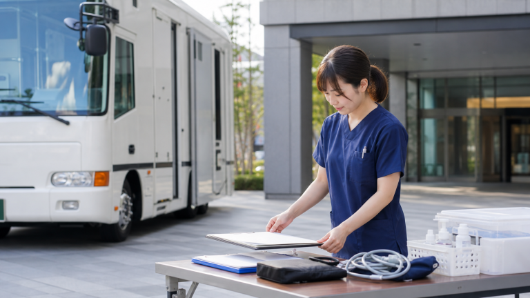 巡回健診の会場で準備をする看護師