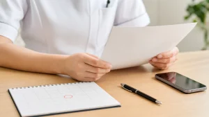 内定通知の書類とカレンダーを確認する看護師の手元