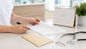入職前健康診断の書類とカレンダーを確認する看護師の手元