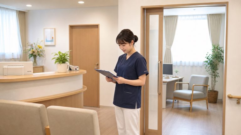 精神科クリニックの外来受付で確認をする看護師