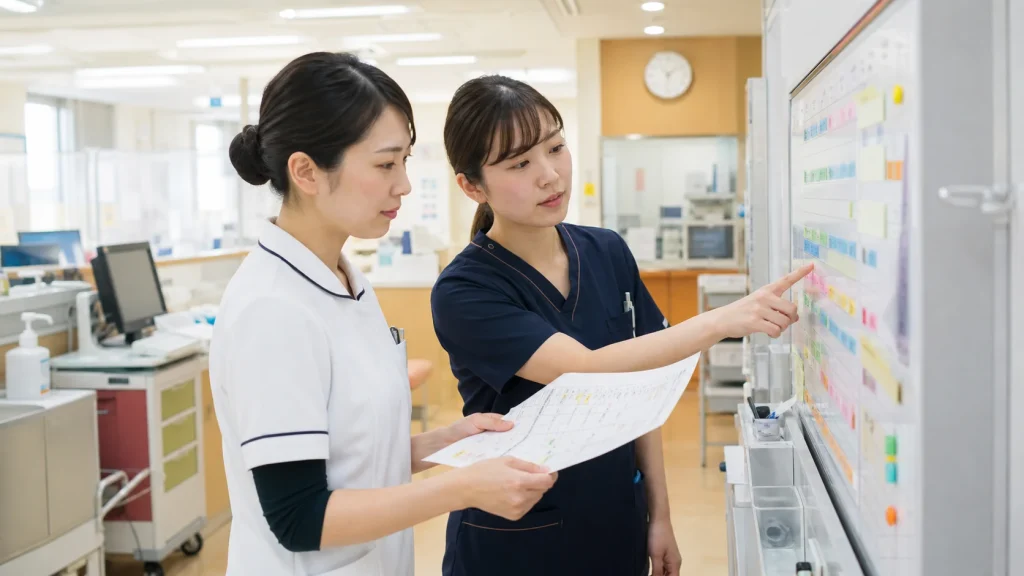 ナースステーションで勤務表と配置表を確認する看護師