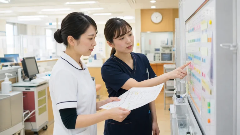 ナースステーションで勤務表と配置表を確認する看護師