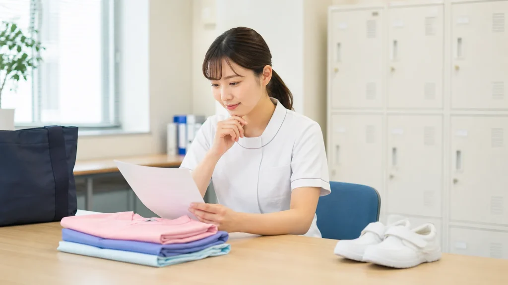 制服貸与やシューズの条件を確認する看護師