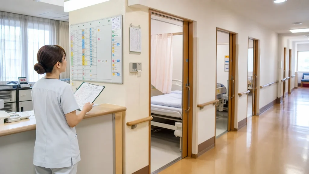 有床クリニックの病棟廊下で勤務表を確認する看護師