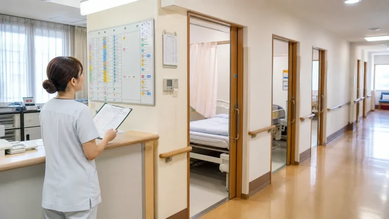 有床クリニックの病棟廊下で勤務表を確認する看護師