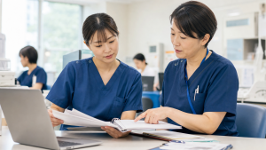 研修期間中の看護師求人について教育担当者と資料を確認する看護師