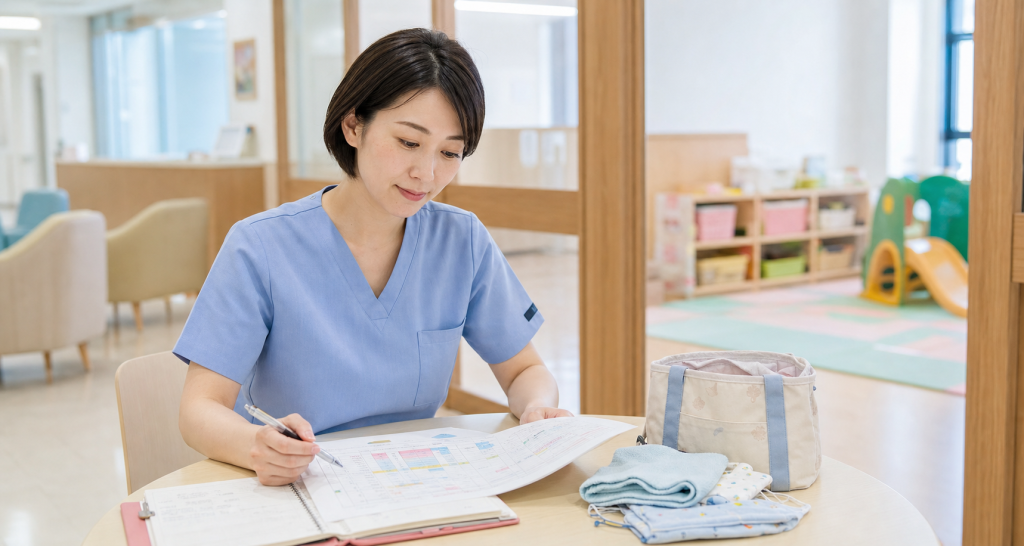 託児所あり求人を検討する看護師が勤務条件を確認している様子