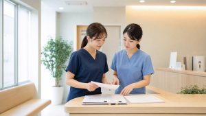 新規開院クリニックの受付で求人条件を確認する看護師